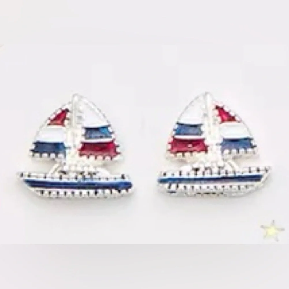 Napier Silver Tone Patriotic Americana Sailboat Earrings - New - Never Worn!